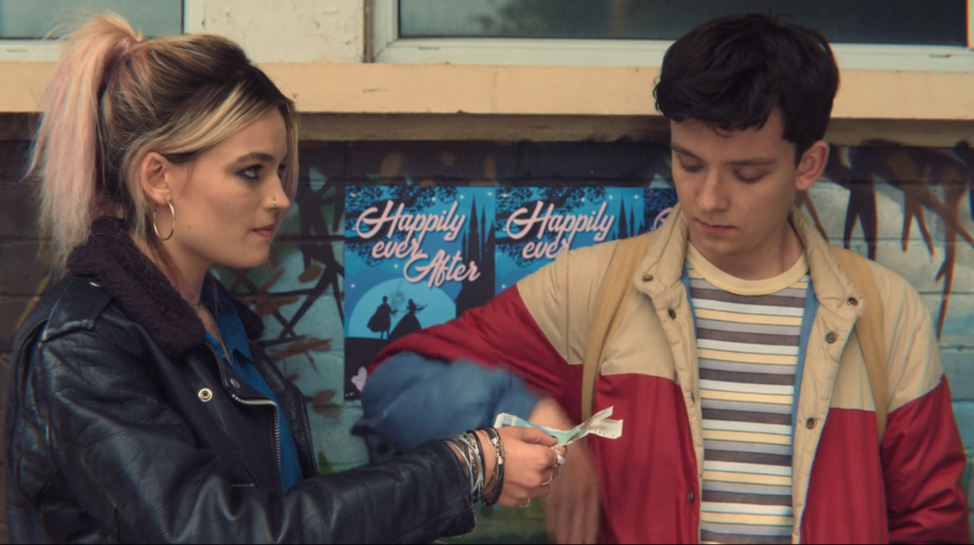 Asa Butterfield and Emma Mackey in Sex Education (2019)